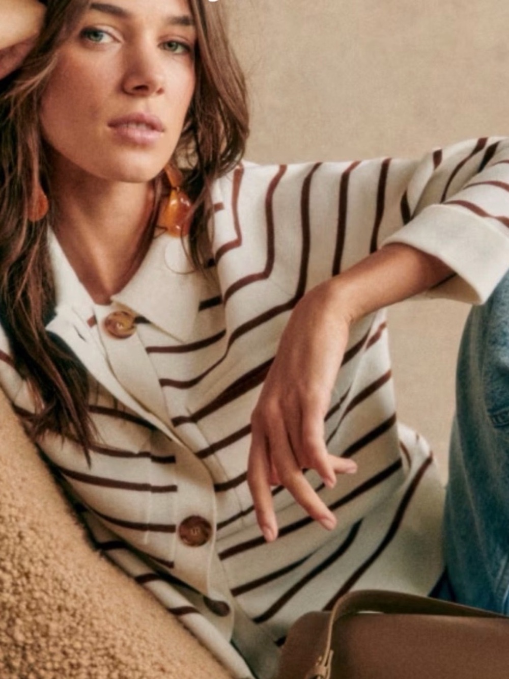 Sézane Betty Cardigan - Ecru & Camel Stripes - Picture 3 of 16